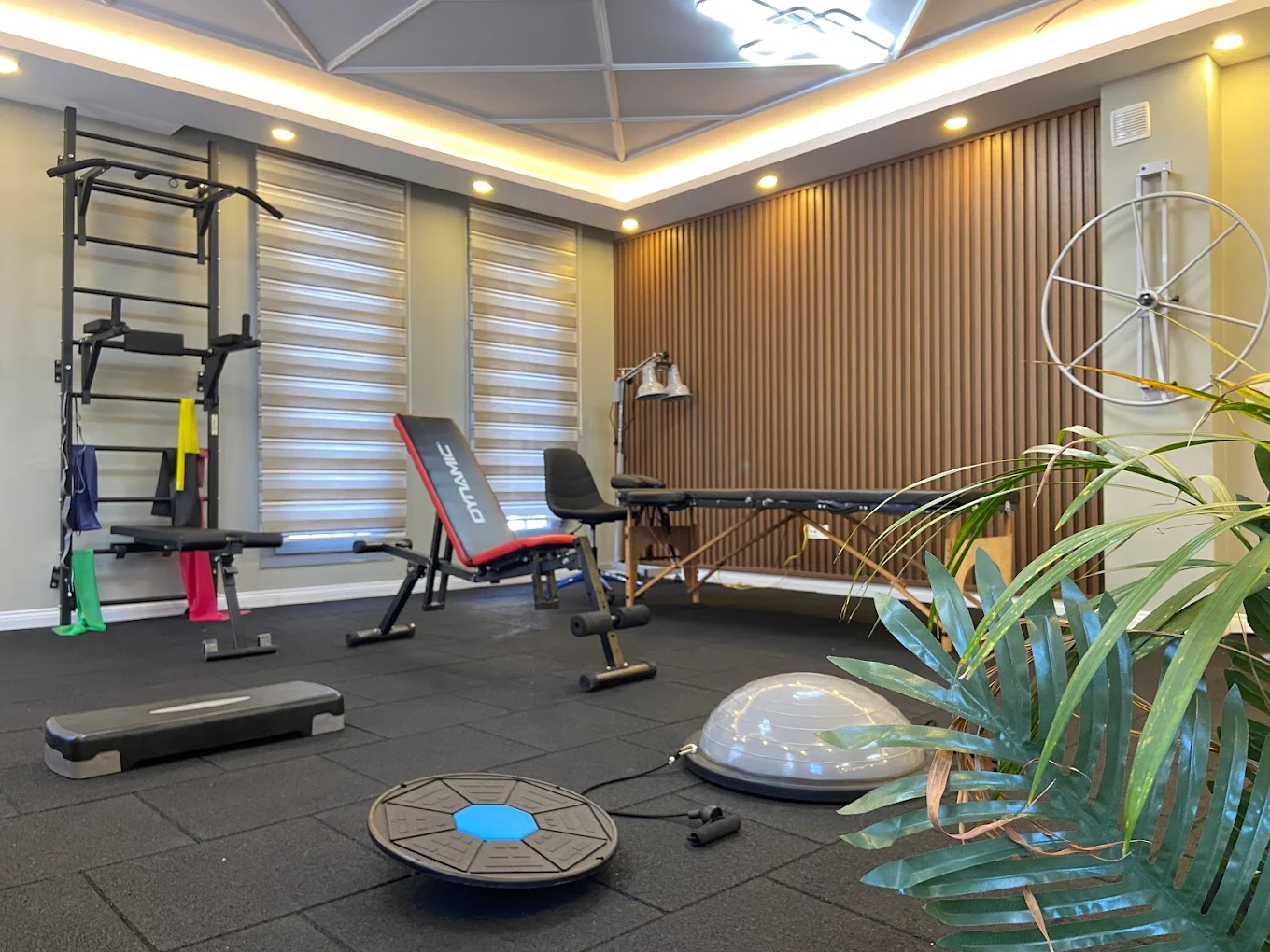 Rehabilitasyon salonu; İsveç duvarı, egzersiz bandı, sedye ve denge platformu